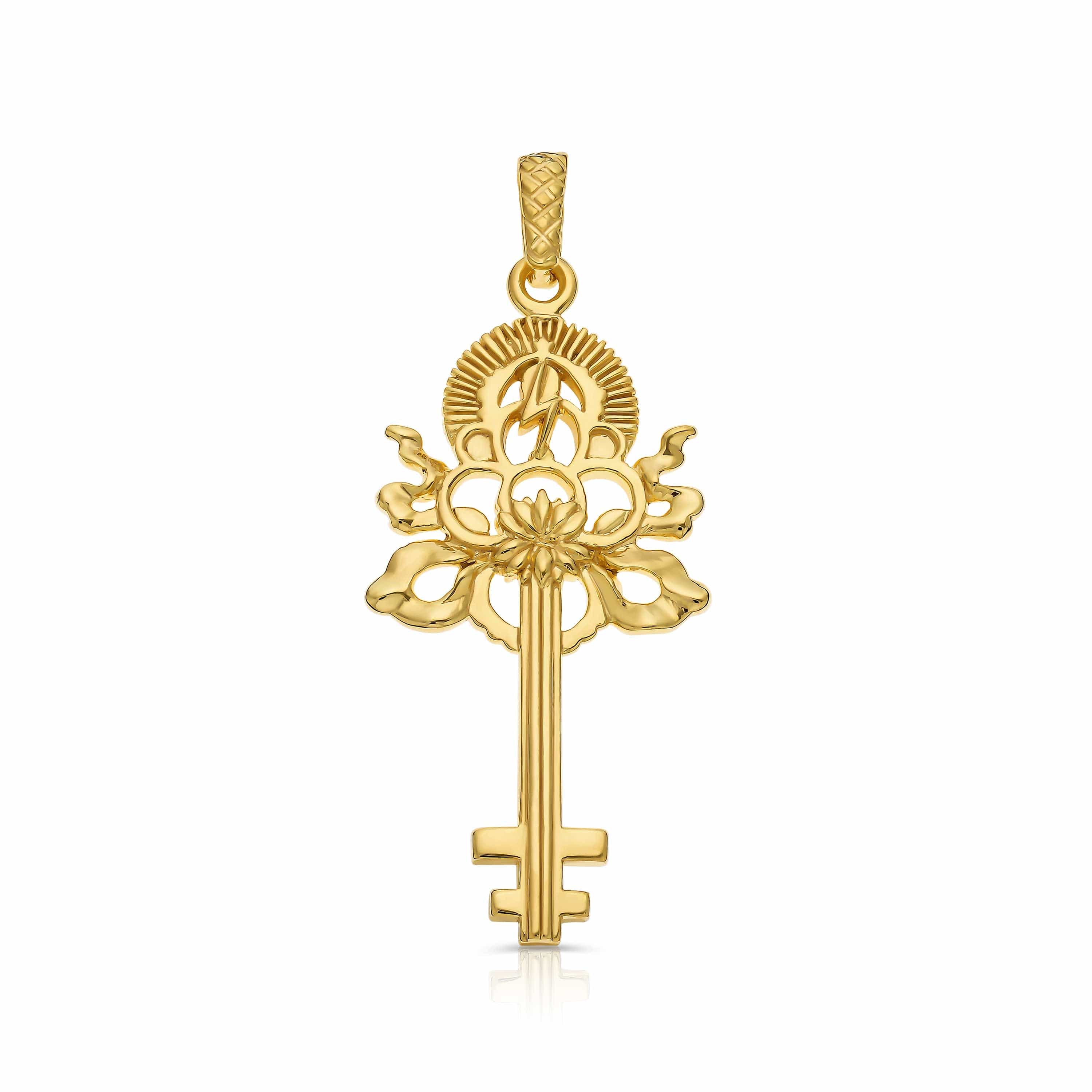 Green Tara Goddess Key Pendant in gold vermeil with lightning bolt and lotus Kaia Ra Spiritual Jewelry