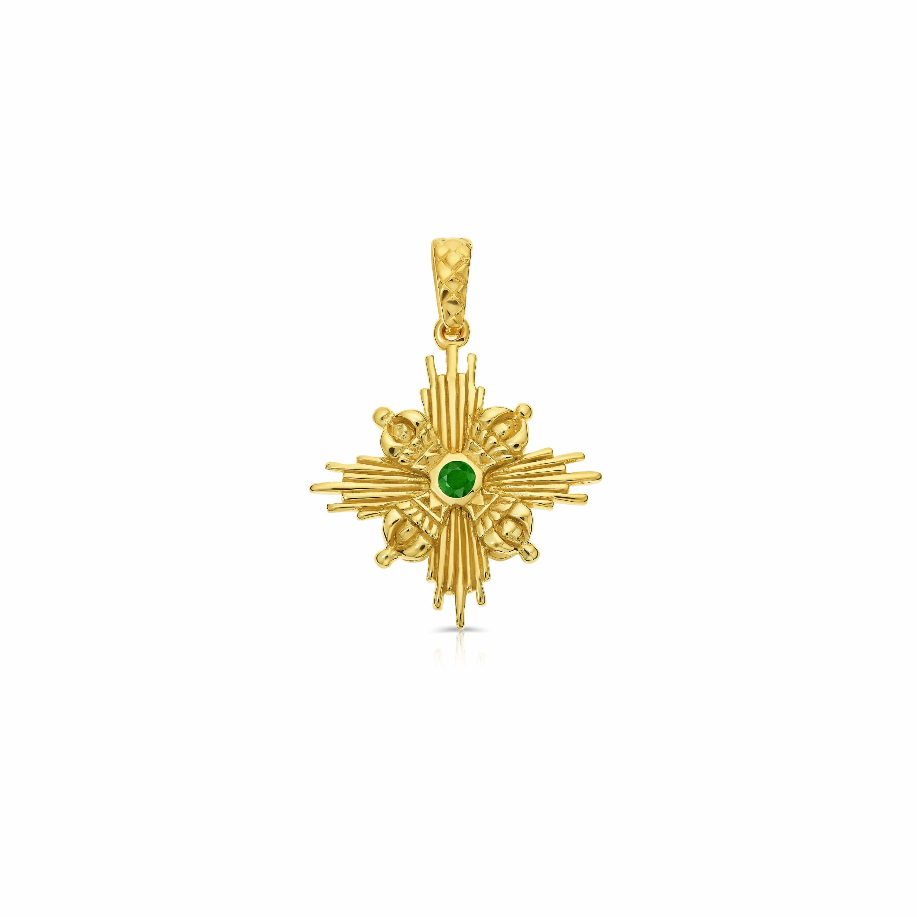 Green Tara goddess jewelry pendant with emerald and radiant star with vajra cross gold vermeil