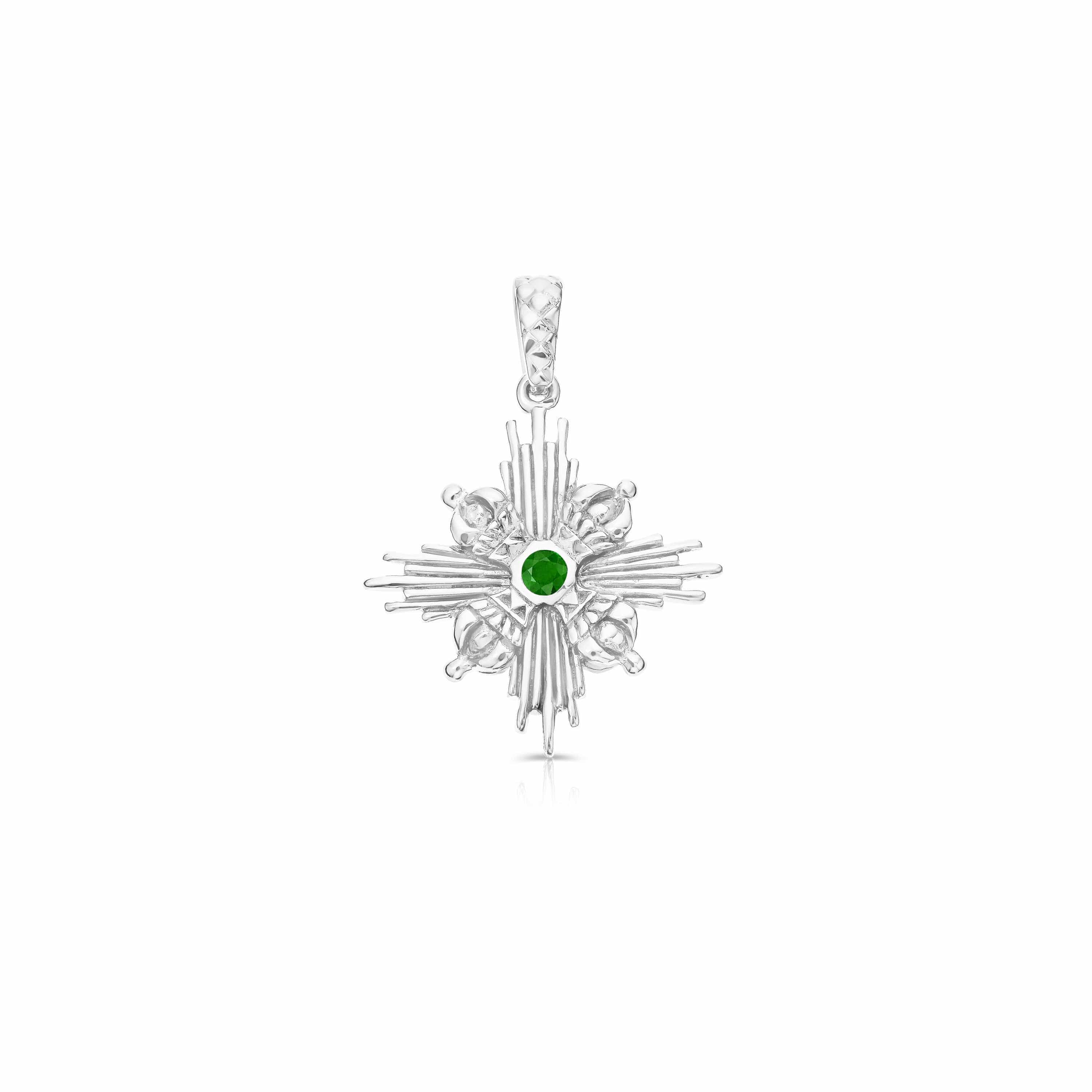 Green Tara goddess jewelry pendant with emerald and radiant star with vajra cross