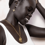 Mary Magdalene Cross of Camargue Pendant Kaia Ra Spiritual Jewelry on model