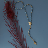 Mother Mary Rosary Light Blue Crystals with Gold Accents