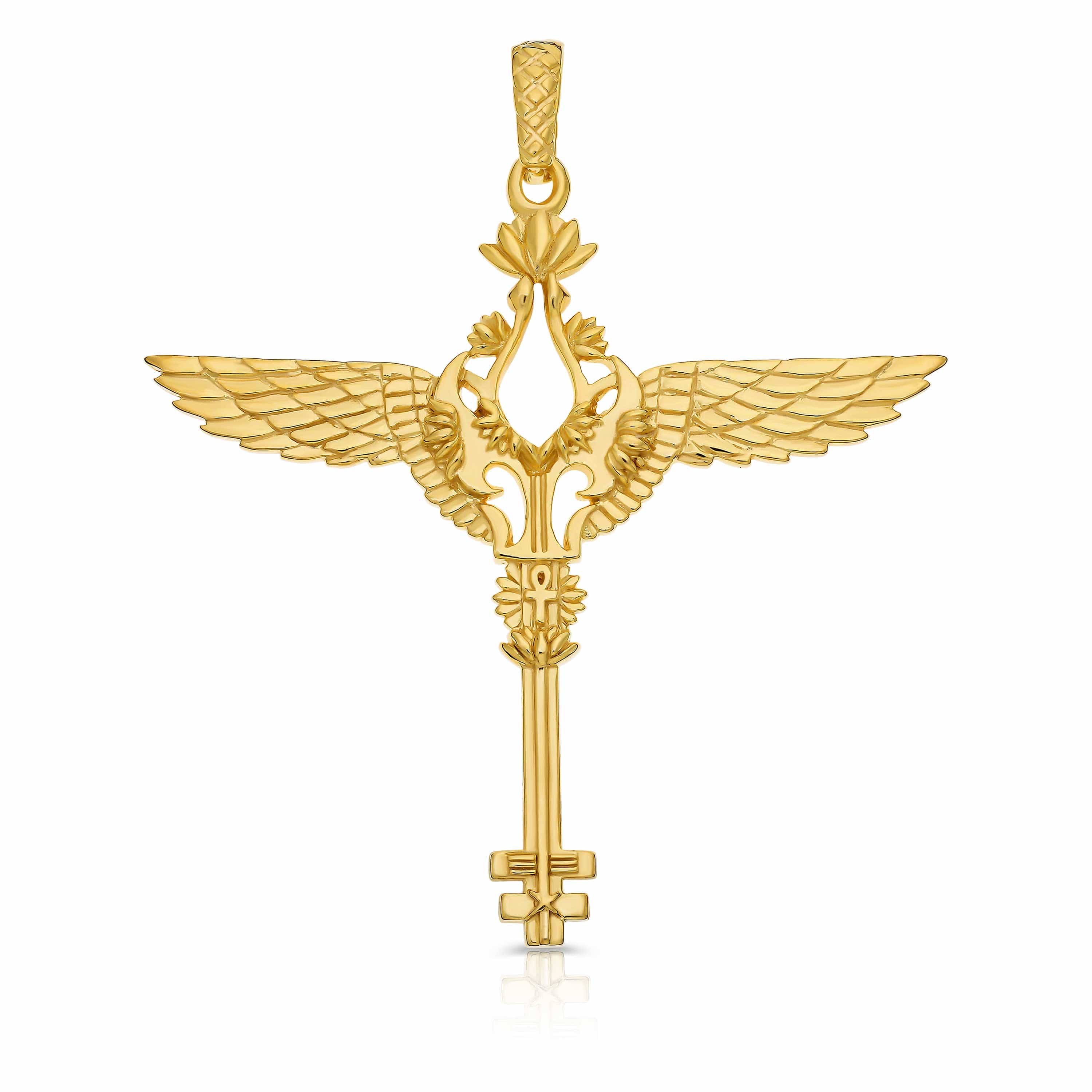 gold vermeil key pendant for goddess isis of Egypt with the ankh and lotus and Isis Wings jewelry
