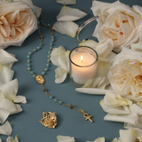 Mother Mary Rosary Light Blue Crystals with Gold Accents