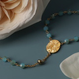 Mother Mary Rosary Light Blue Crystals with Gold Accents