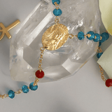 Mother Mary Rosary of Miracles Dark Blue Crystals with Red Accents