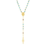 Mother Mary Rosary Light Blue Crystals with Gold Accents